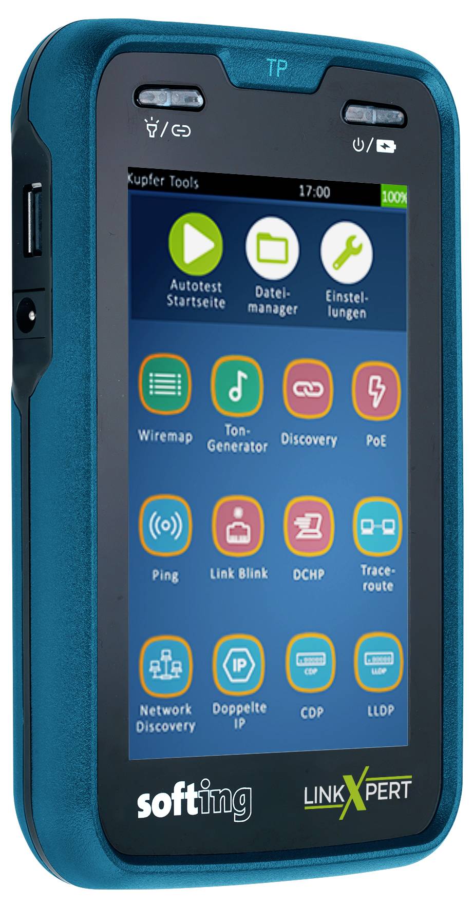Handheld network testing device showing a touchscreen menu of tools like Wiremap, Tone Generator, Discovery, PoE, Ping, Link Blink, DHCP, Trace-route, and LLDP.