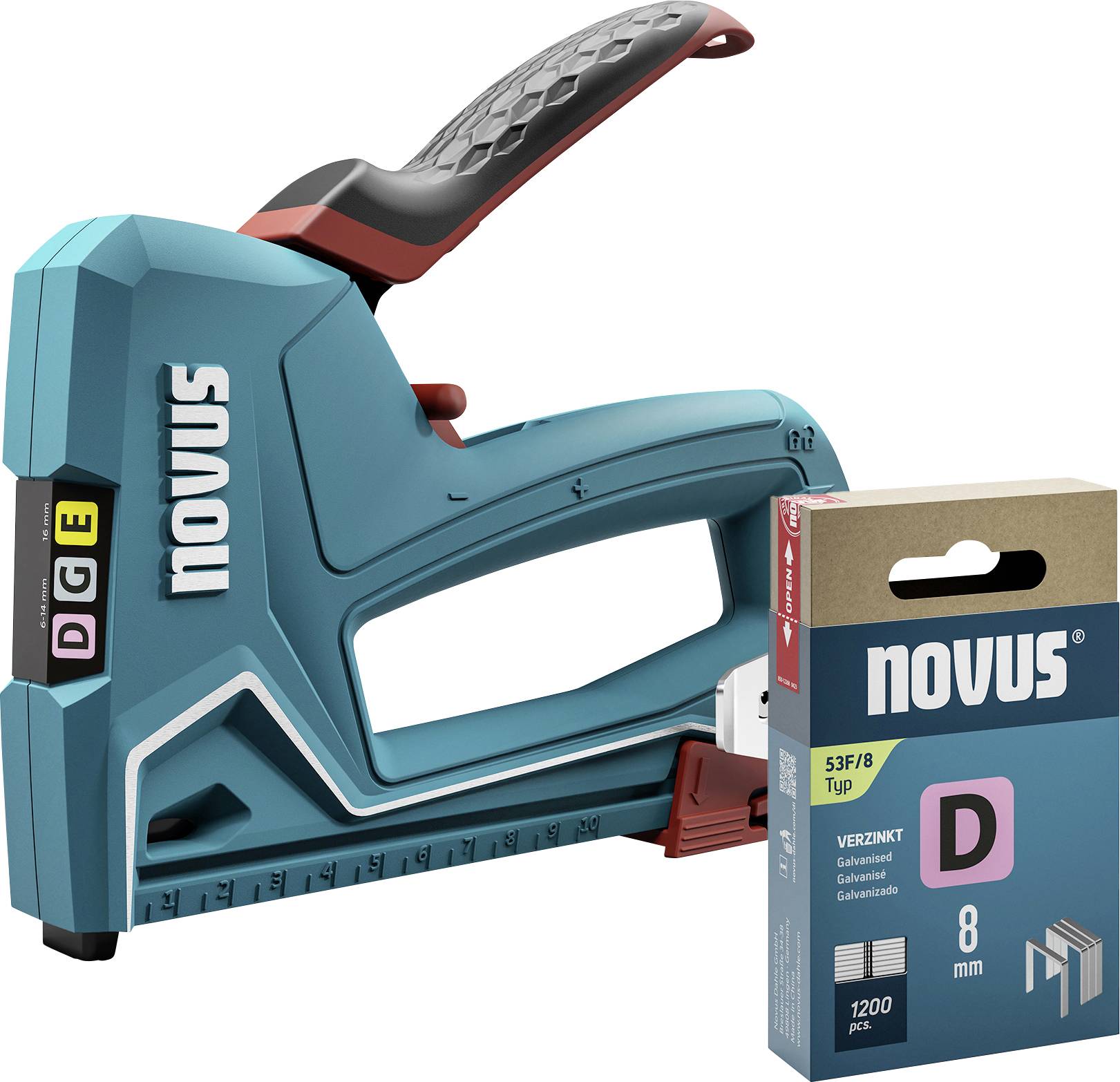 Blue Novus Tacker with an ergonomic handle, suitable for staples. Next to it is a pack of 8 mm staples.