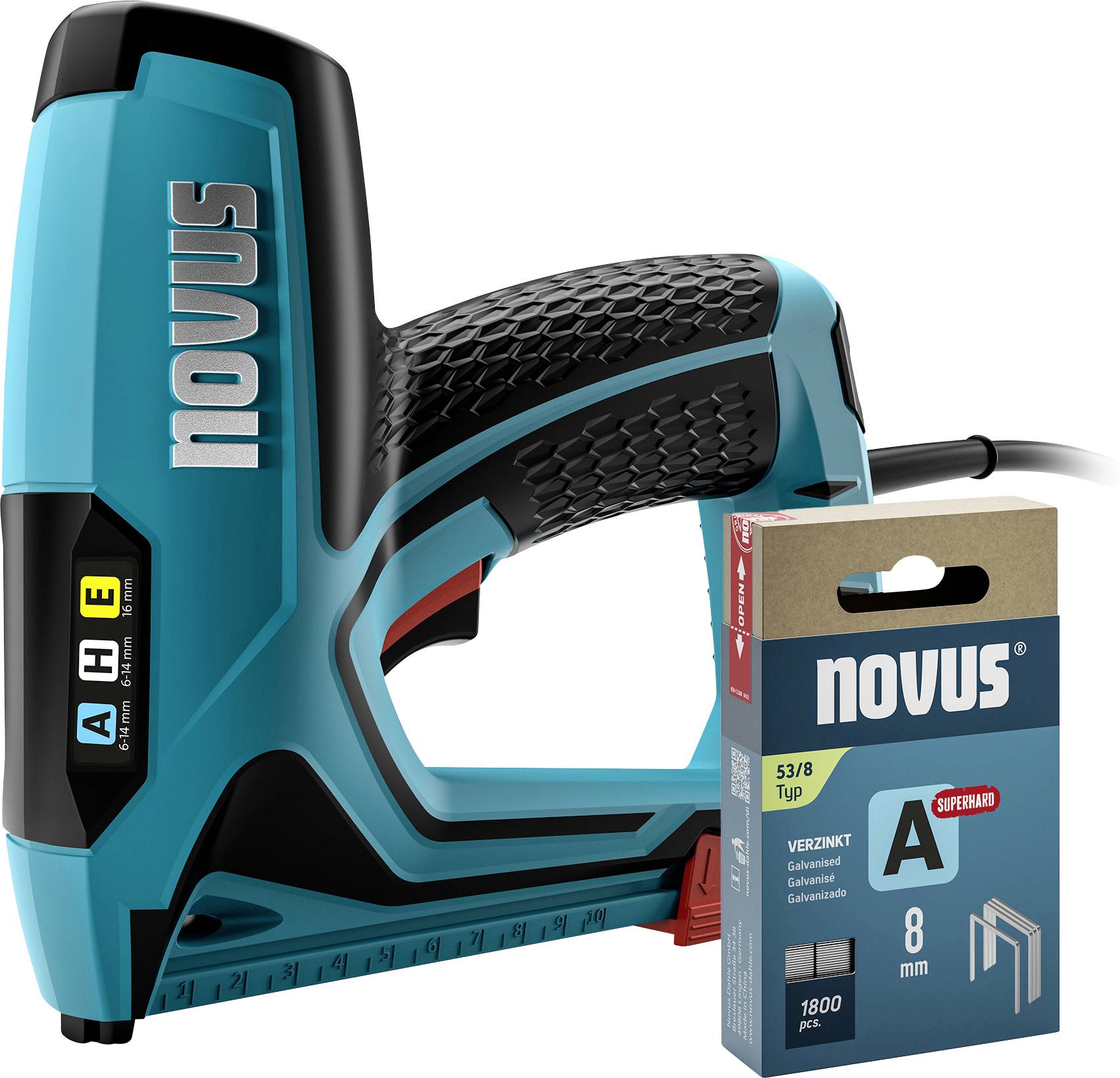 Novus electric stapler with ergonomic handle, next to a box of 8 mm staples.
