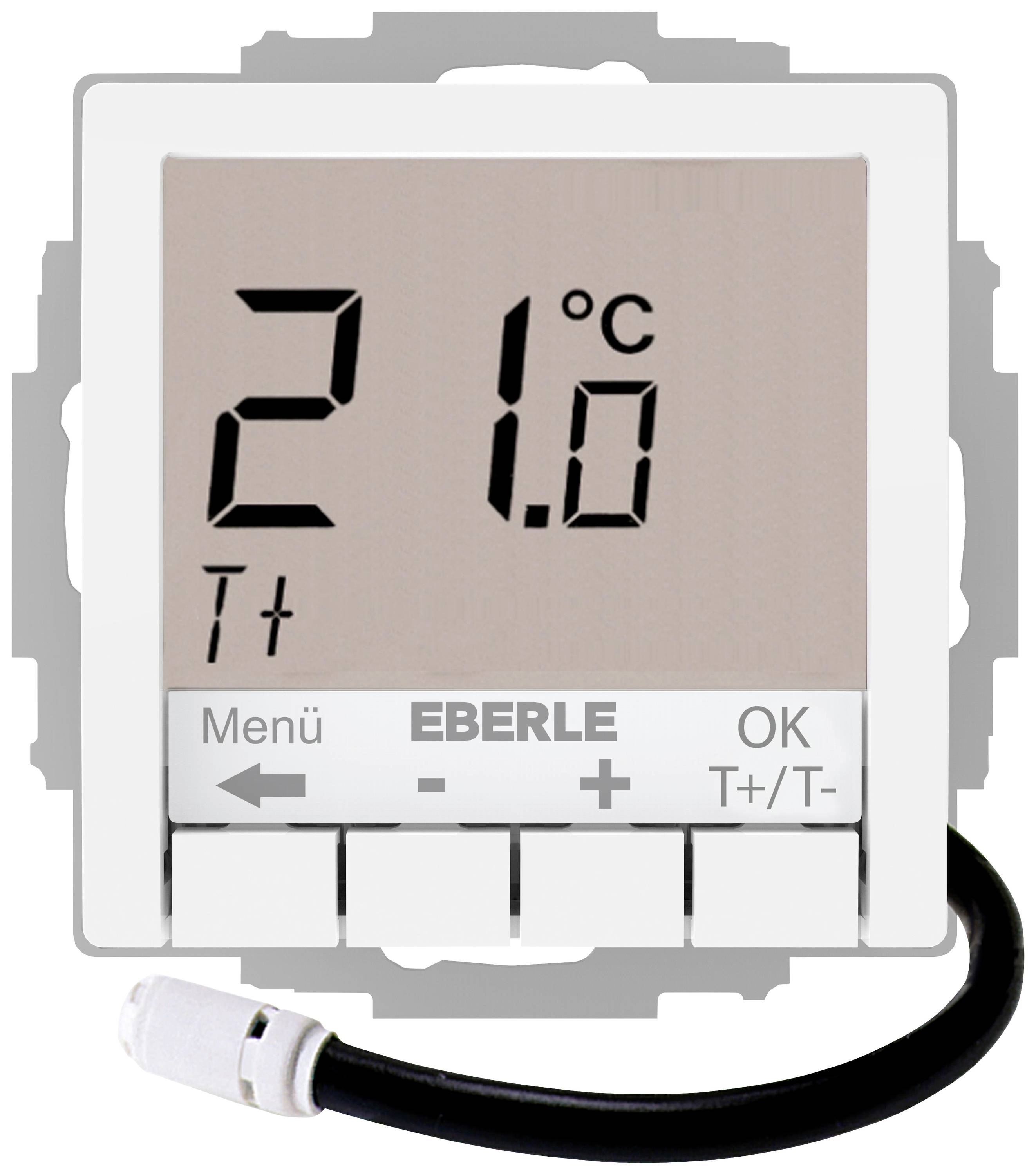 Digital room thermostat, displaying 21 degrees Celsius. Buttons for menu, plus, minus and OK. Black cable connected.