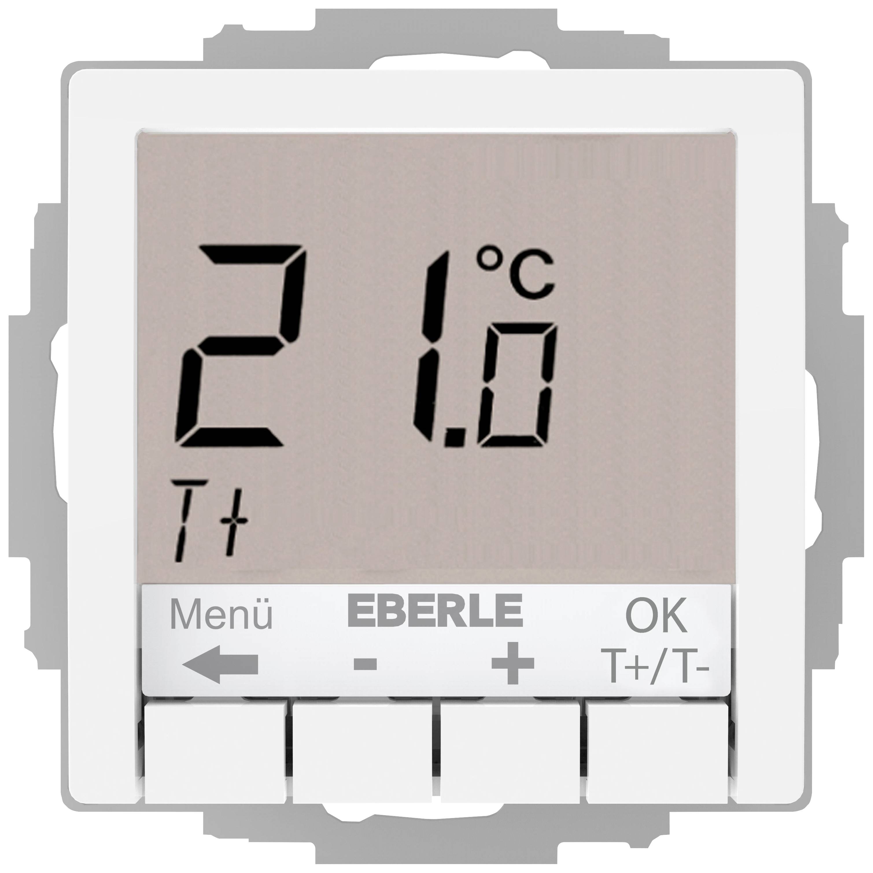 Digital Eberle thermostat displaying 21°C. Buttons for menu, OK, and temperature control.