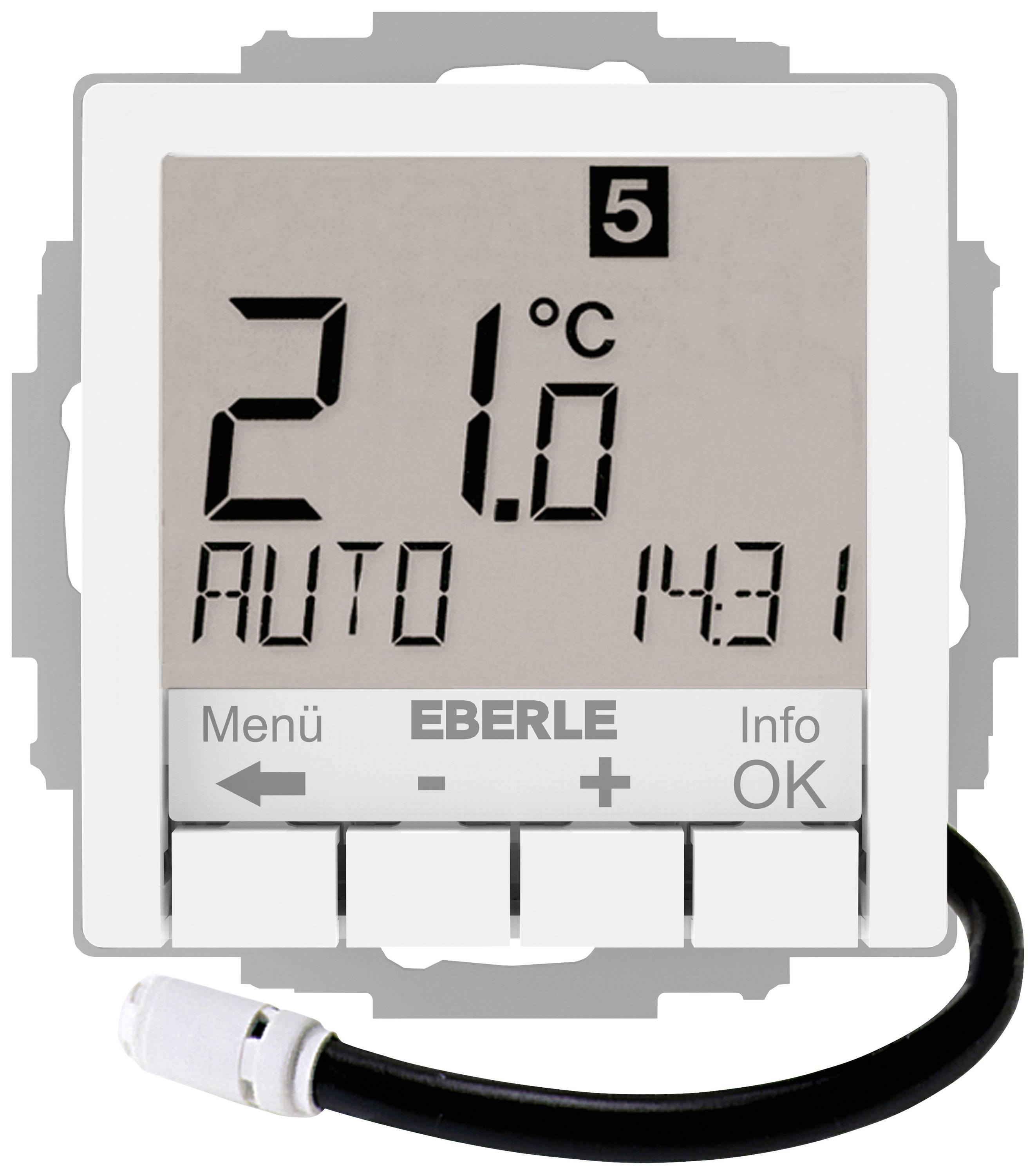 Digital thermostat display: 21 degrees Celsius, automatic mode, time 14:31. Buttons for menu, info and settings.