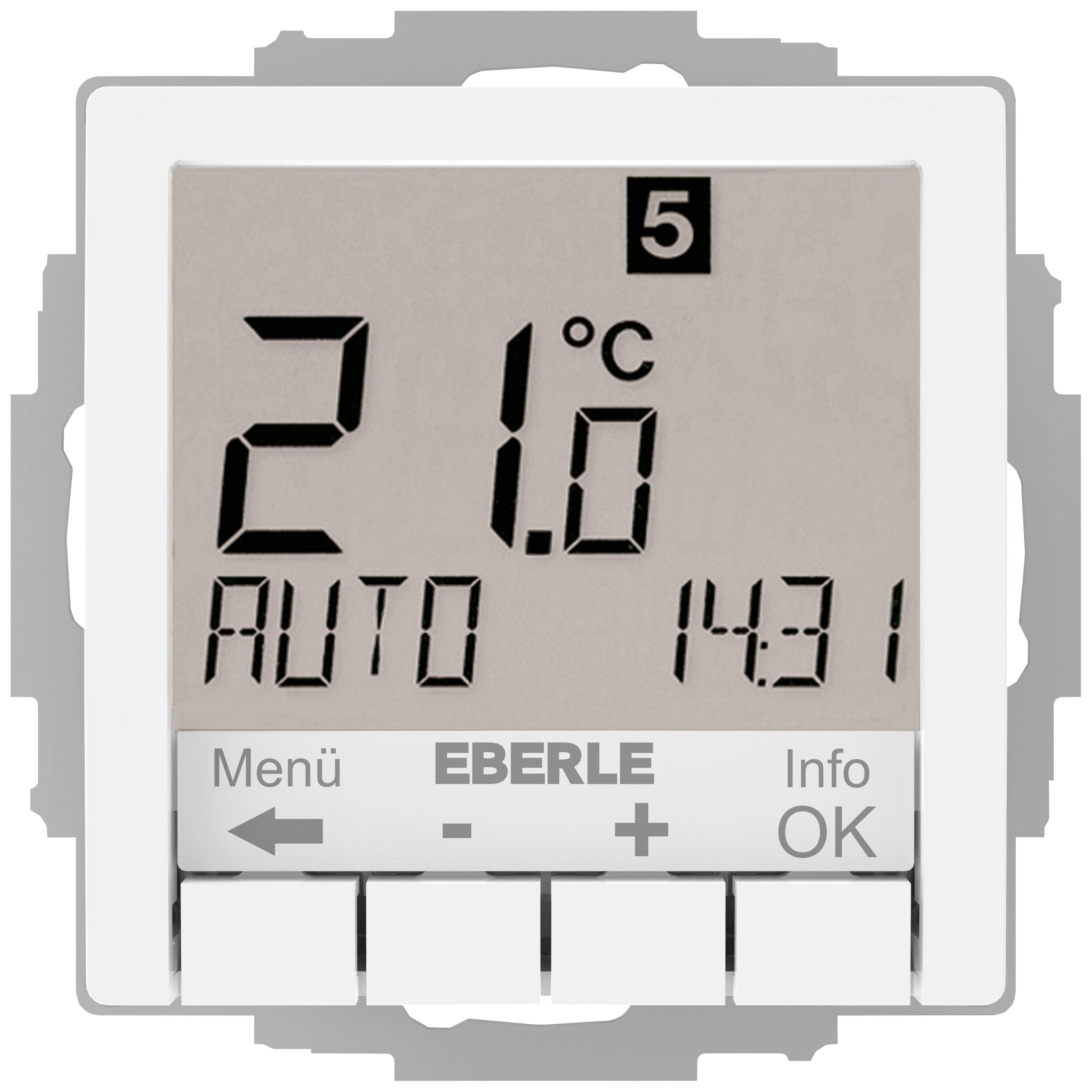 A digital thermostat displays '21°C', 'AUTO', and the time '14:31'. Buttons for Menu, Plus, Minus, Info, and OK are located underneath.
