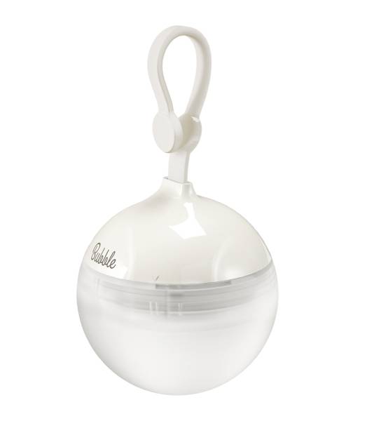 A round, white, portable bubble machine with a hook for hanging; perfect for parties or as a decoration.