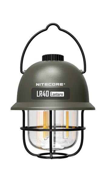 Green lantern with the inscription 'Nitecore LR40 Lantern', featuring a metal cage and carrying handle, suitable for outdoor activities.