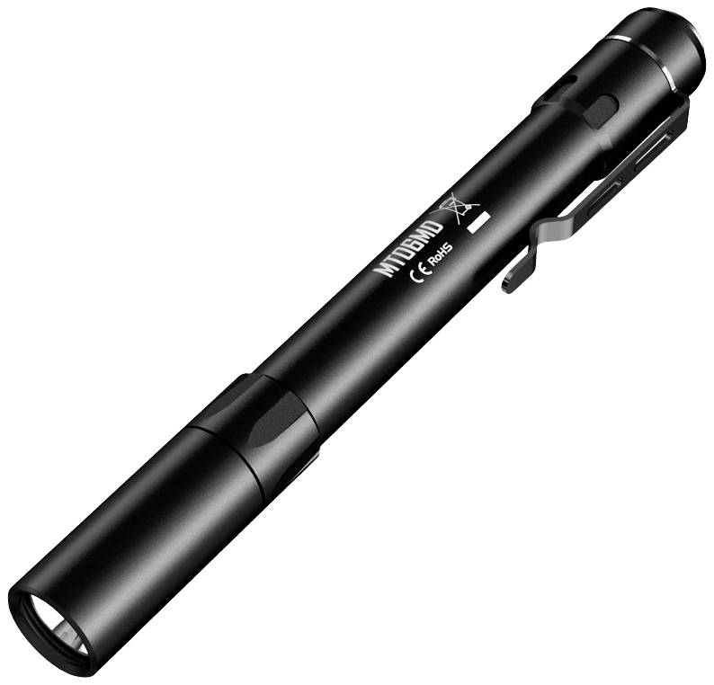 Black pen torch with a clip on the handle, suitable for precise work or as a handy, portable light tool.
