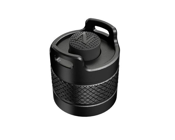 A black, cylindrical bottle cap with a textured grip and a top surface featuring a ribbed pattern.