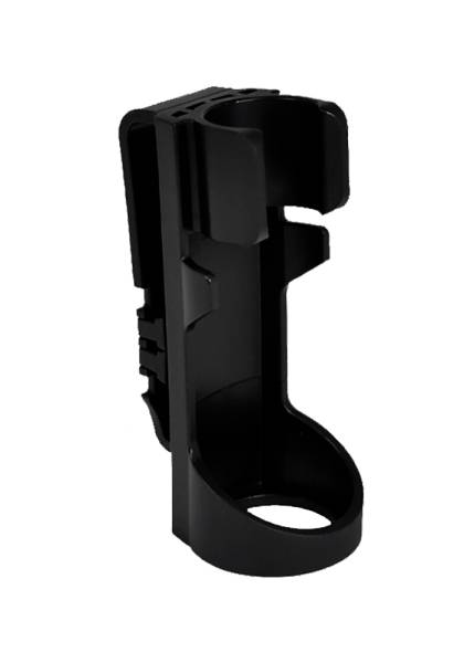 Black plastic holder for a pipe or tool, standing vertically, with side openings for attachment.