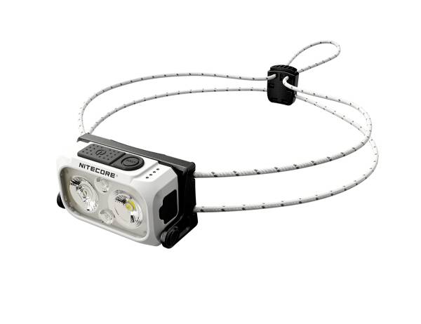 A white head torch with black and grey accents and an elastic strap. It features two LED lights and the brand name 'Nitecore'.