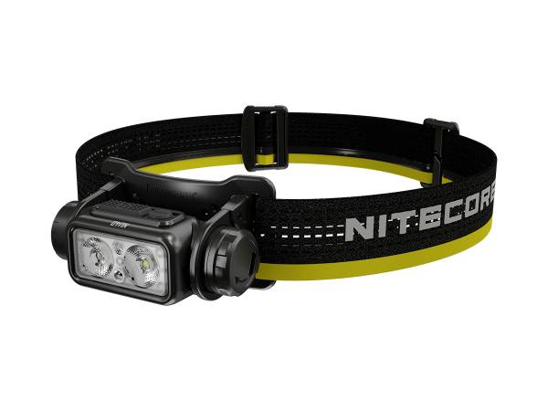 A black head torch with a yellow stripe, two LED lights and an adjustable strap. The band reads 'Nitecore'.