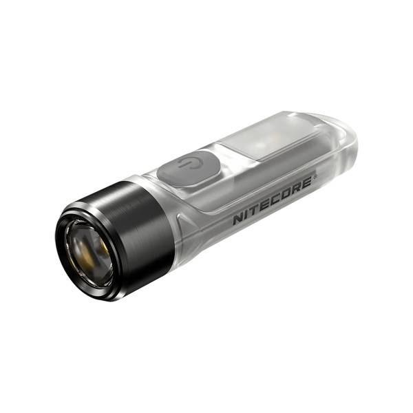 A transparent torch with a black button and the inscription 'Nitecore'.