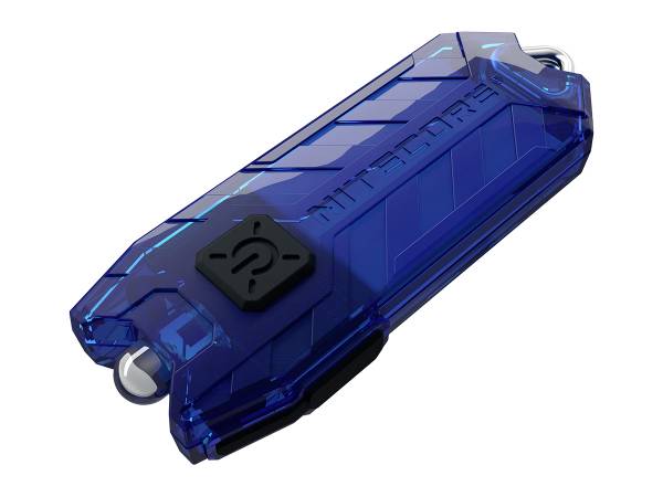 A small, blue LED keyring with a black on-off switch on the top surface.