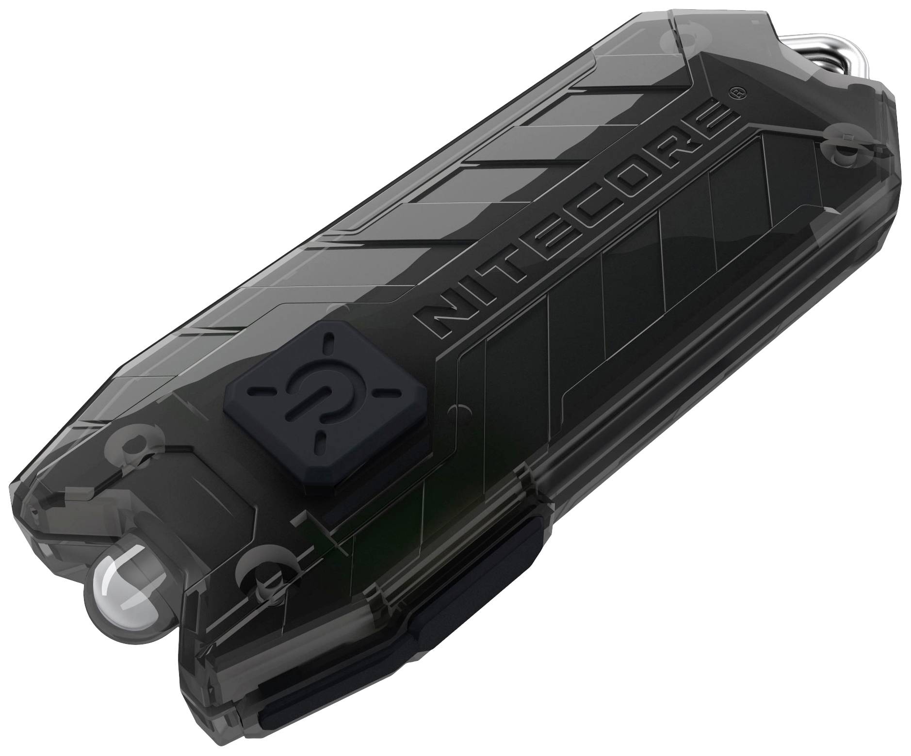A black Nitecore LED torch with a textured casing and power button located on the top.
