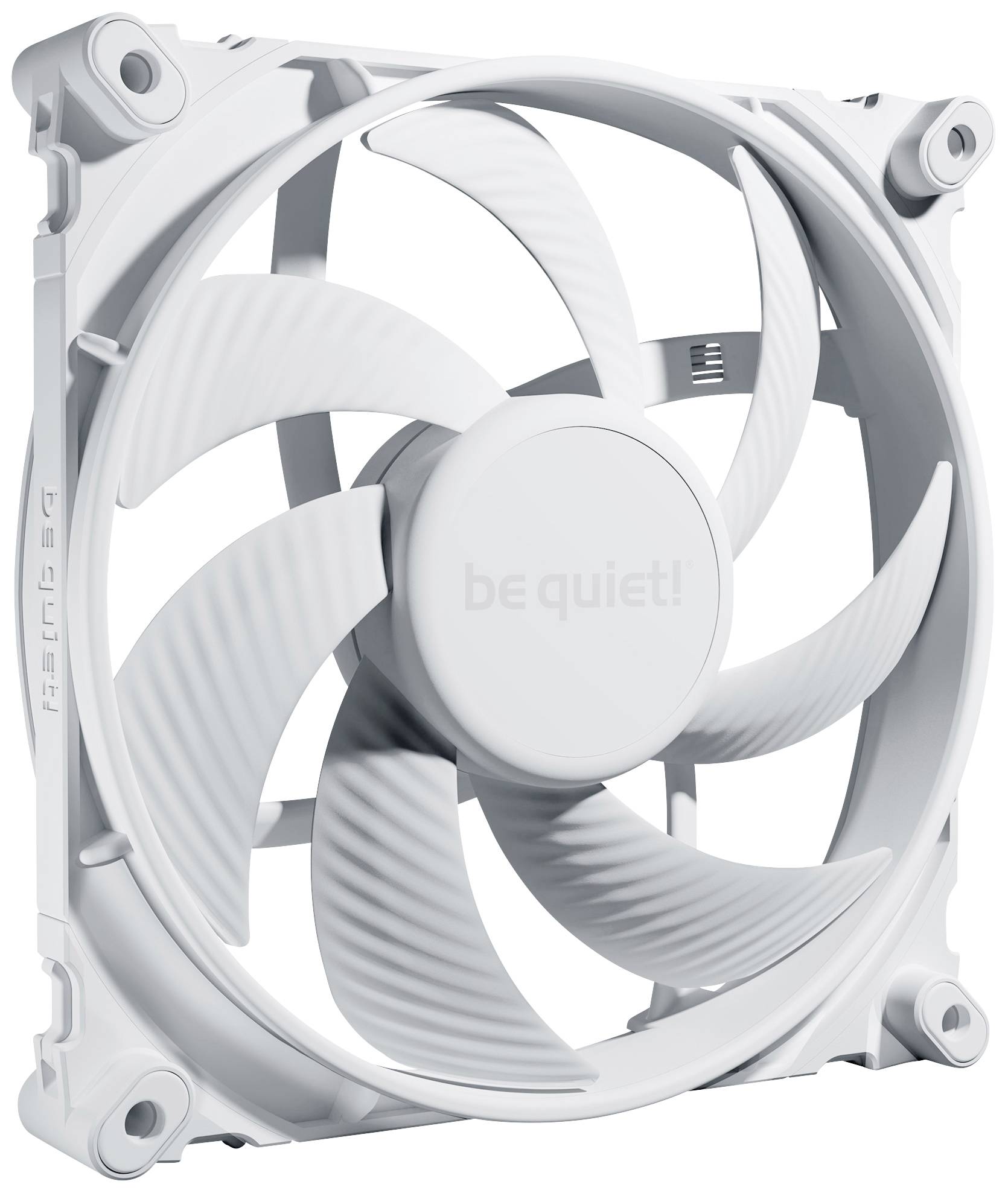 A white computer fan with the 'be quiet!' print on the rotor, mounted in a square frame.