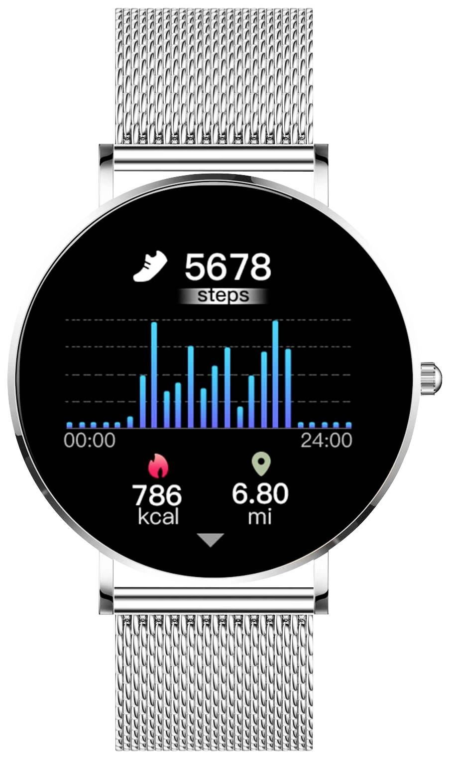 An elegant silver bracelet smartwatch displays 5678 steps, 786 calories and 6.80 miles on a black display with a line graph.