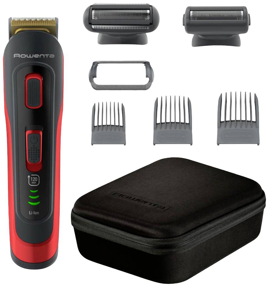 Electric hair clipper with various attachments, charging indicator and a black storage case.