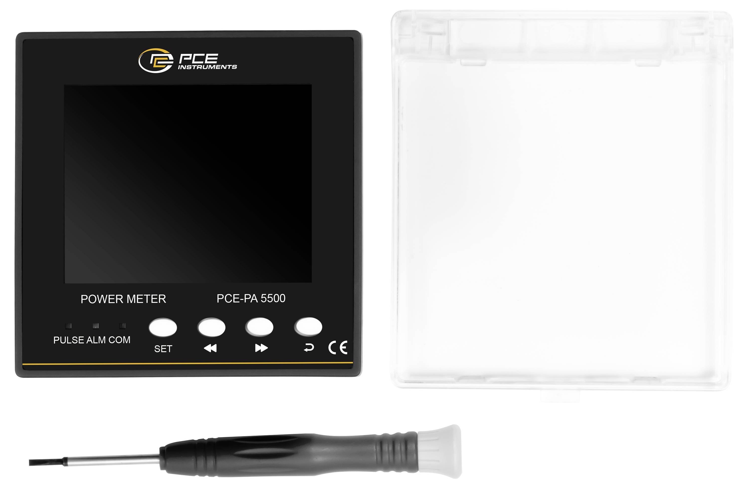 PCE Instruments power meter with blank display, clear protective cover, and probe cable accessory shown on a white background.