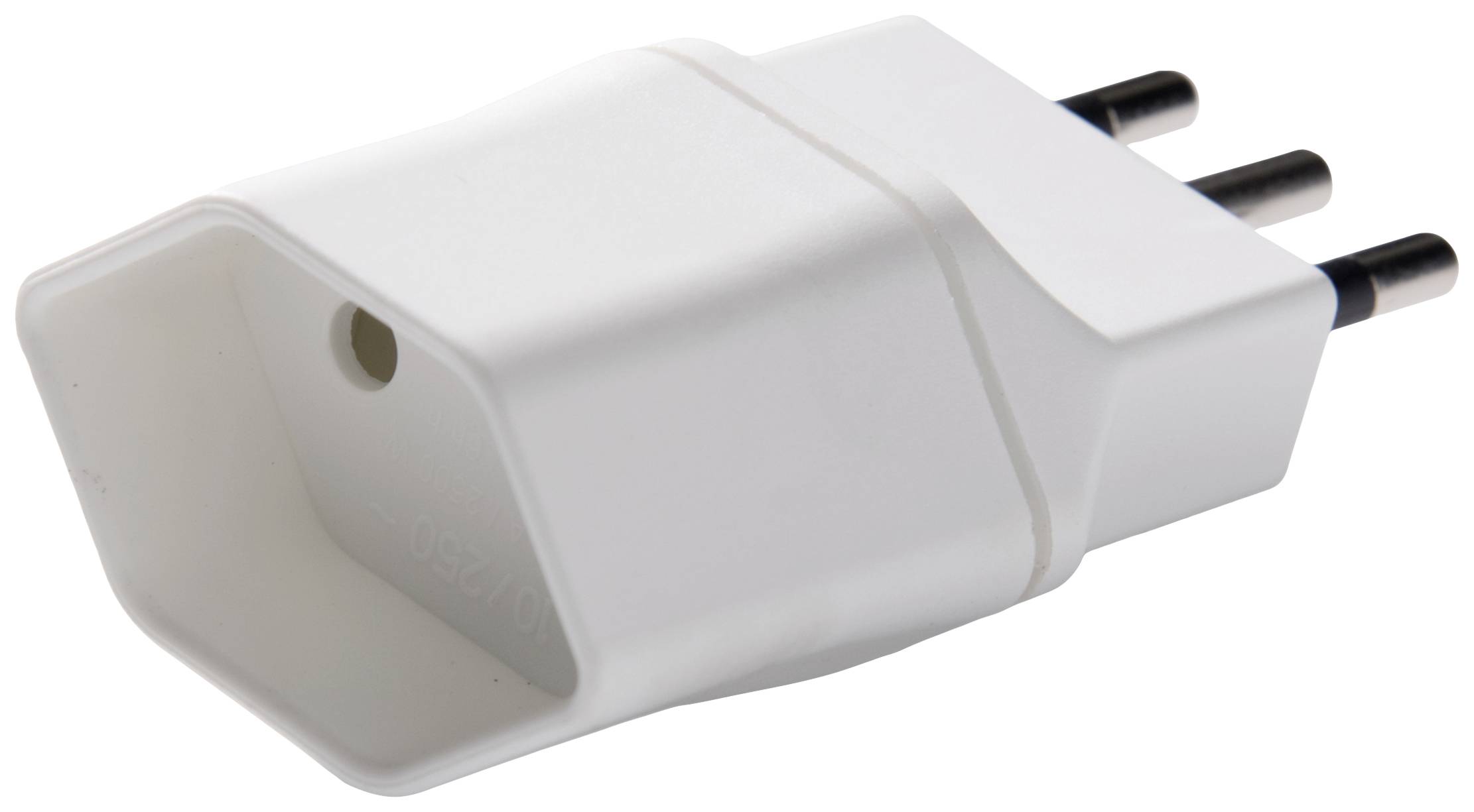 White socket adapter with a three-pin connection, positioned sideways. Designed to connect devices with different plug types.