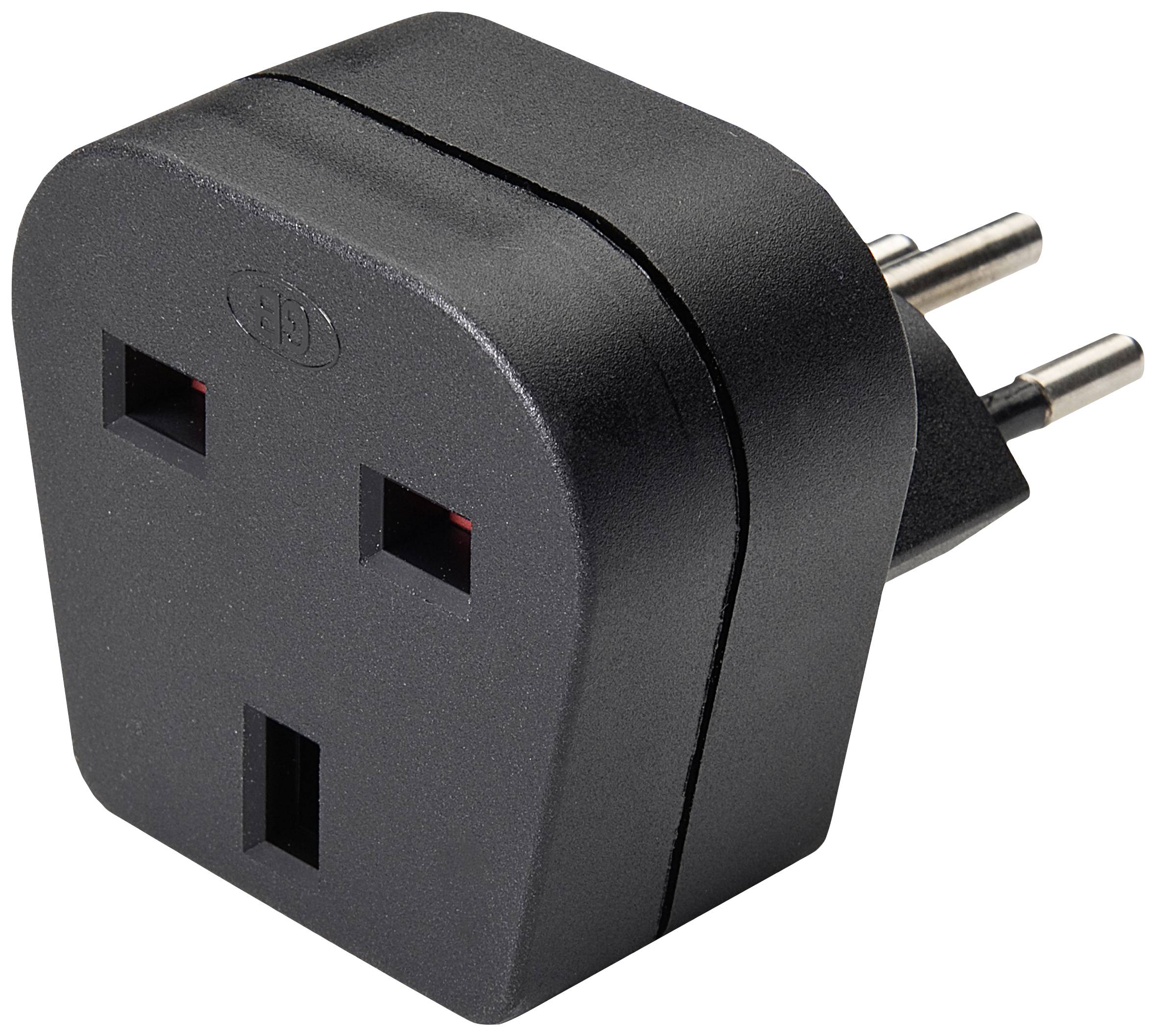 Black socket adapter with two round contacts for European power sockets and a socket for British plugs.