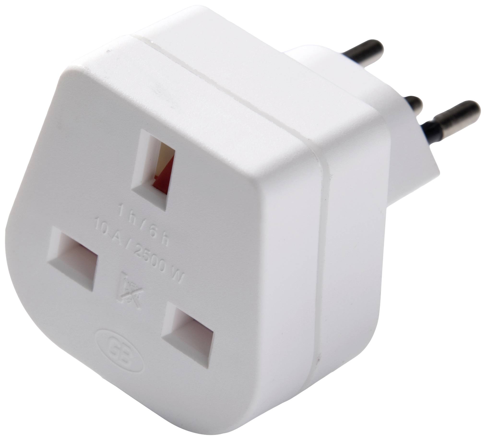 A white plug adapter with a British three-pin socket outlet and European two-pin plug, suitable for travellers.