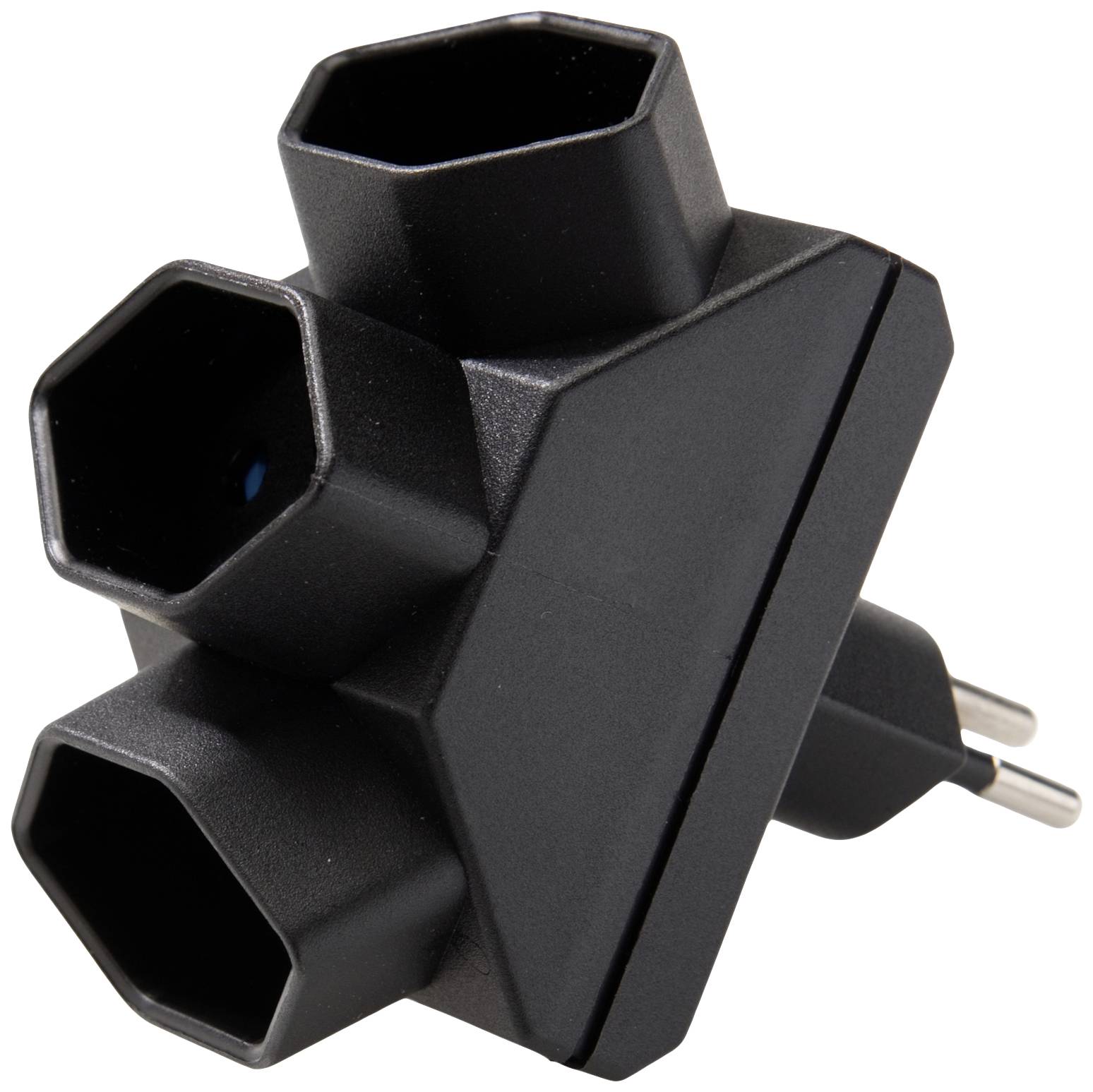 Black triple socket adaptor, which allows three electrical devices to be connected to a wall socket simultaneously.
