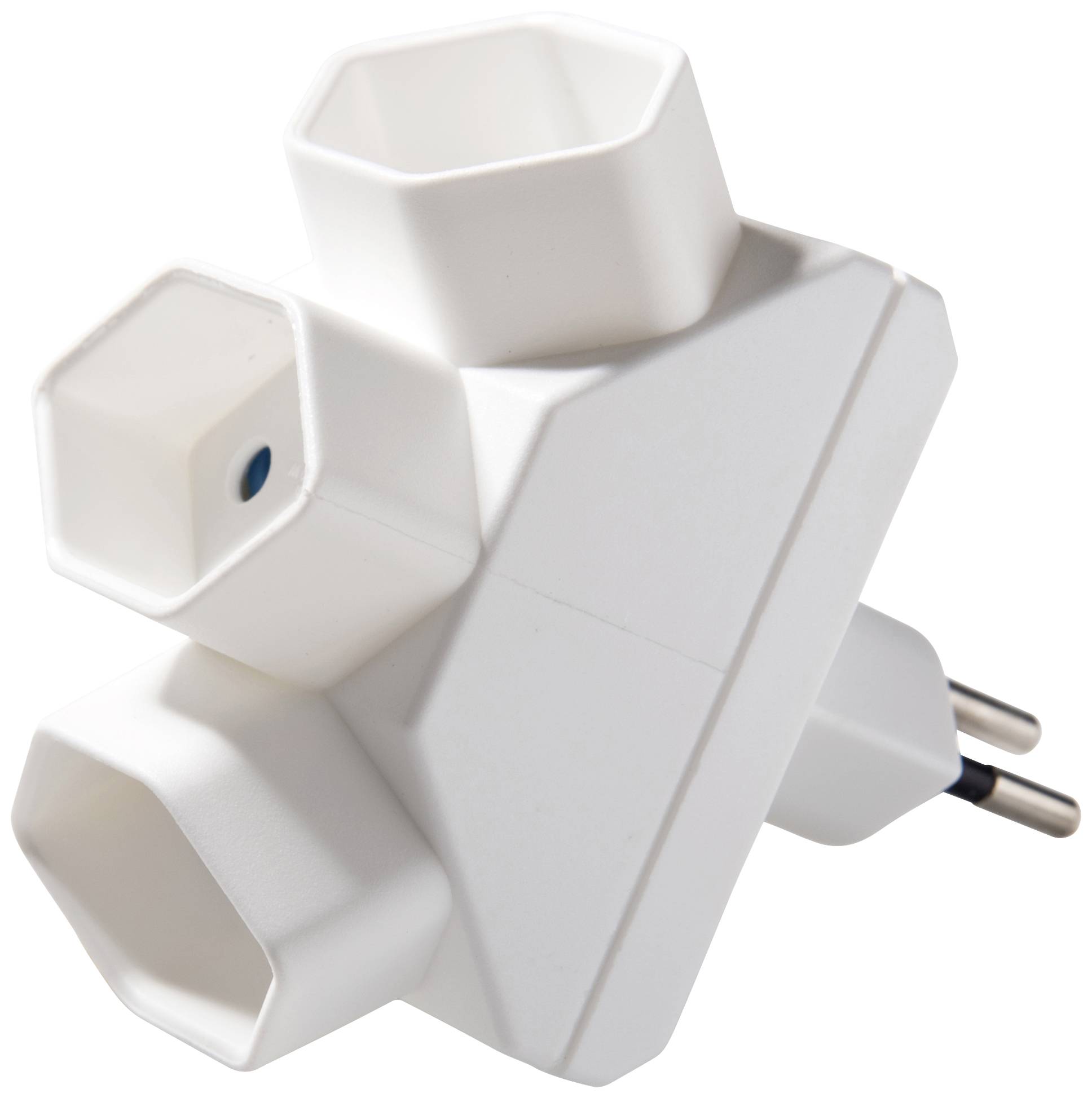 A white multi-socket adaptor with three socket outlets, suitable for connecting multiple electrical devices to a single power socket.