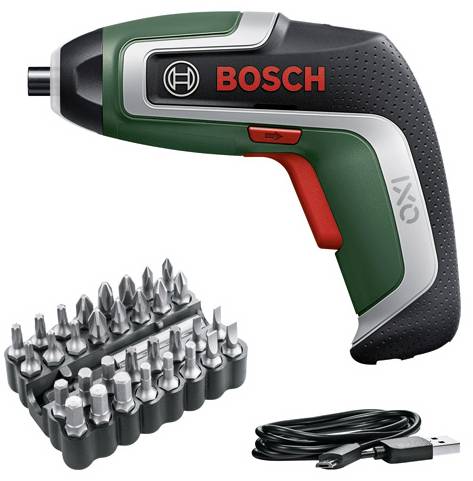 A green Bosch cordless screwdriver with a red button, with a set of screwdriver bits and a USB charging cable to its right.