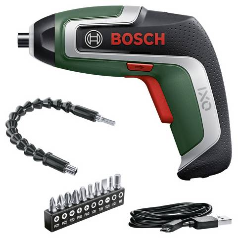 Cordless screwdriver with LED light by Bosch, including attachment set, flexible extension attachment and USB charging cable.