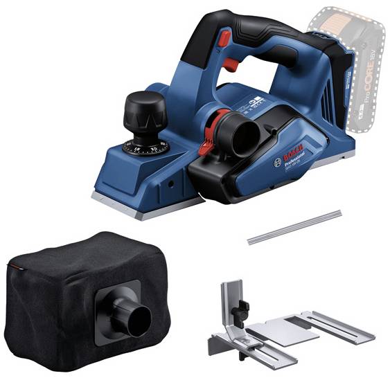 Cordless planer with blue-black design, dust bag, parallel guide, and sword slot guide. Suitable for precise woodworking.