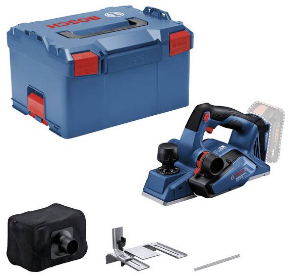 A blue Bosch electric planer with accessories: dust bag, parallel guide, depth stop, in a blue carry case.
