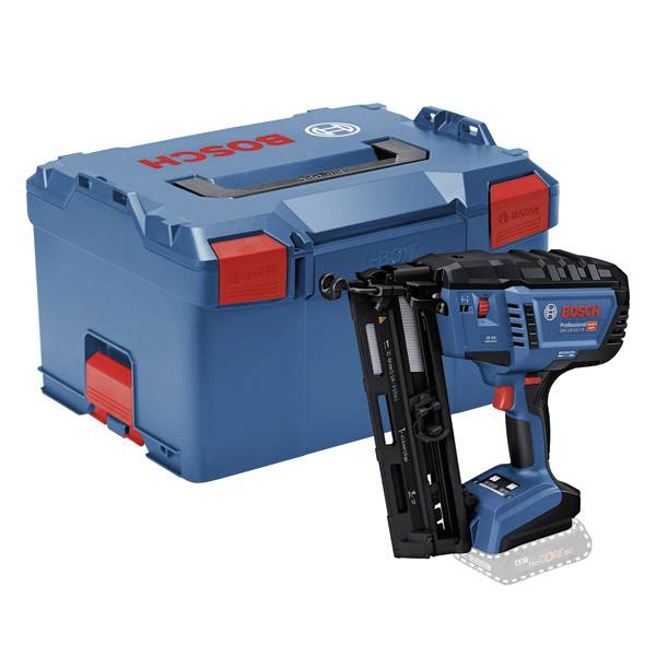 Kabelloser Nagler von Bosch mit L-Box. Das Gerät ist schwarz und blau, mit rotem Logo. Die L-Box dient zur sicheren Aufbewahrung.