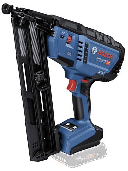 Bosch cordless nail gun in blue and black with a red switch, standing on a transparent plastic base.