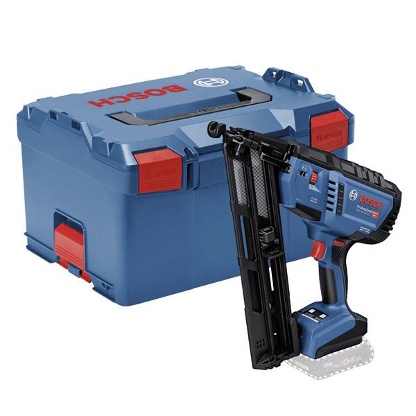 A blue Bosch nail gun in front of a matching blue toolbox with a red locking mechanism.