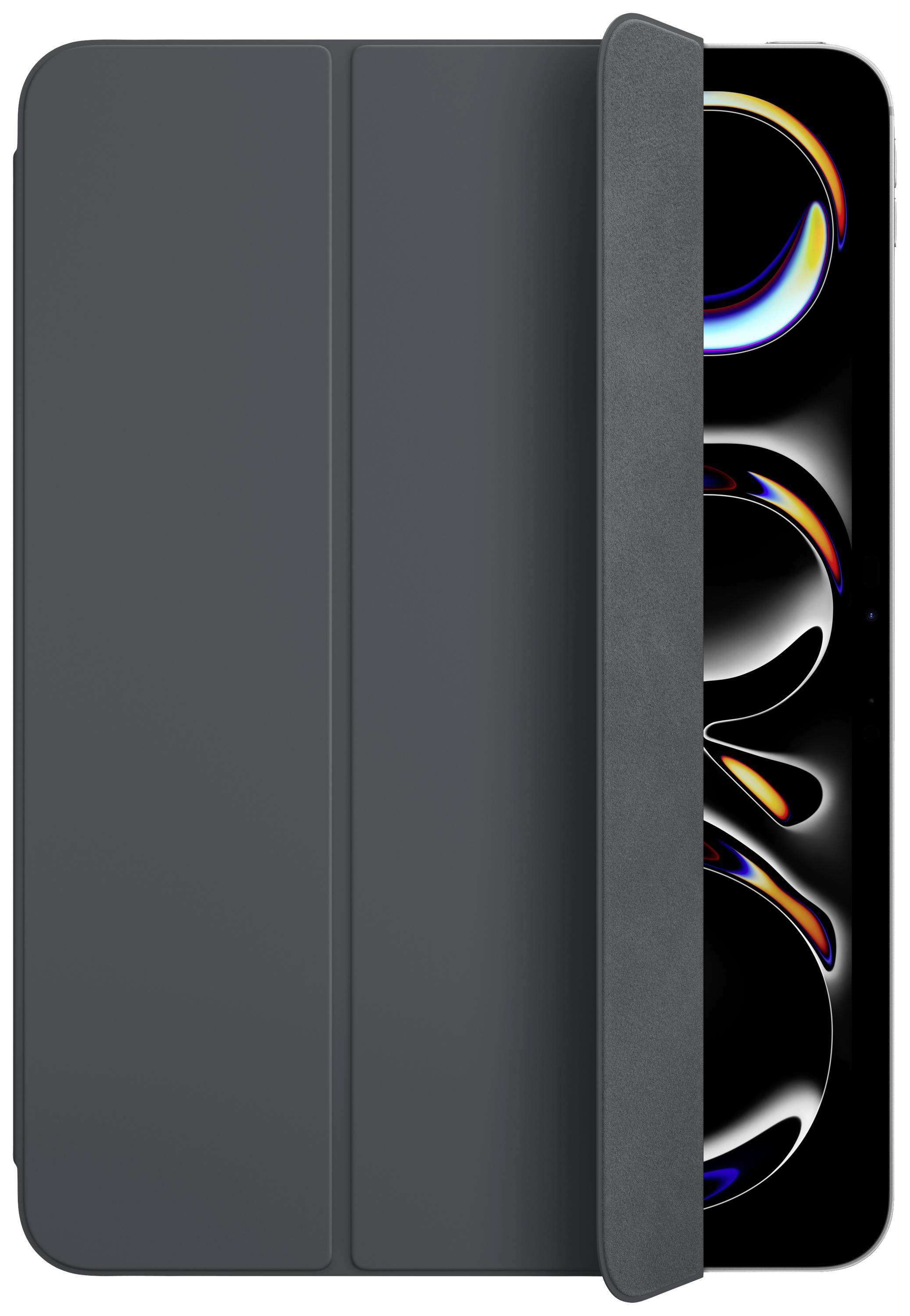 A black tablet with its cover case slightly open. The screen displays colourful, abstract shapes.