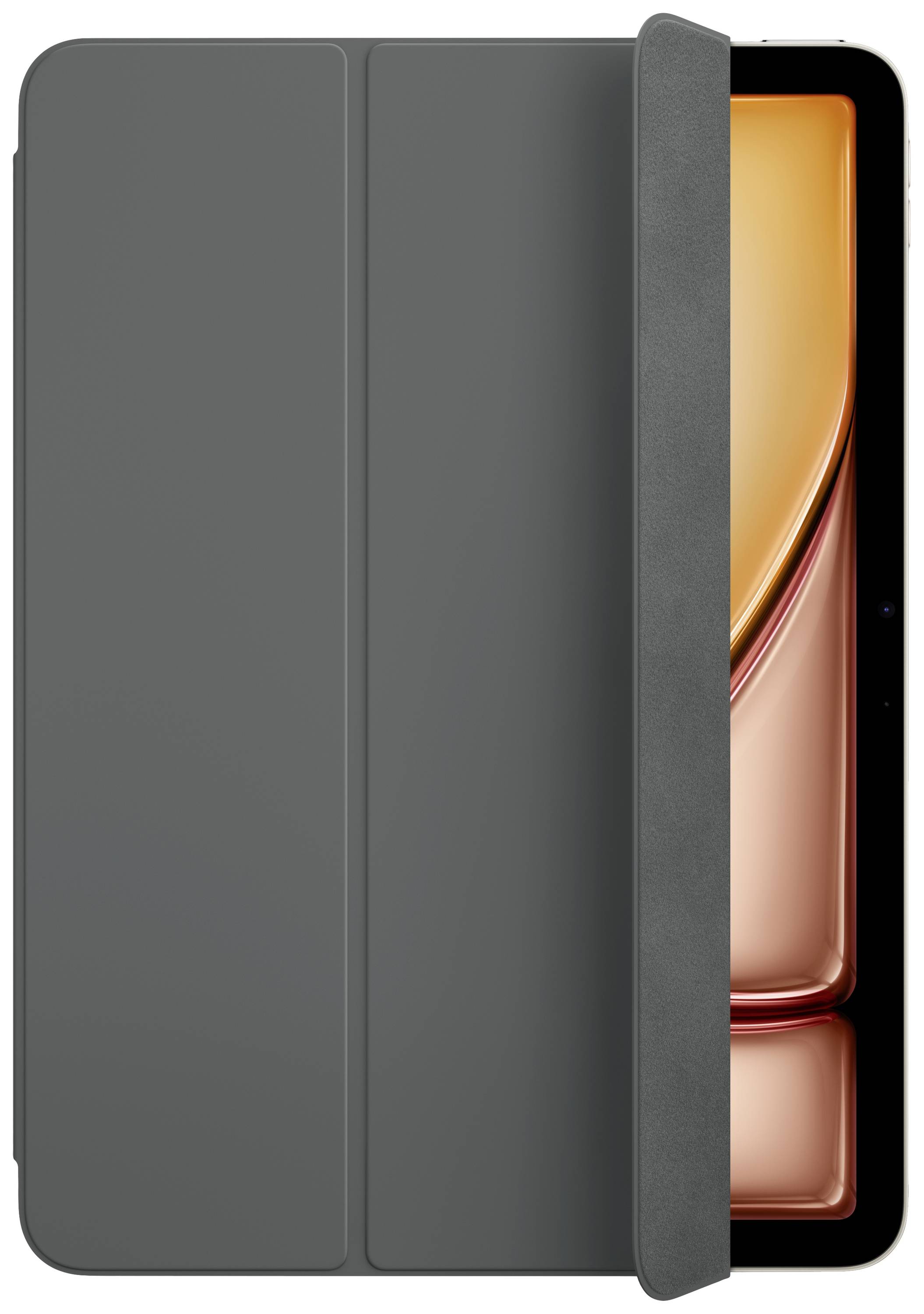 A tablet with a grey protective case, partially open, displaying an orange screen.