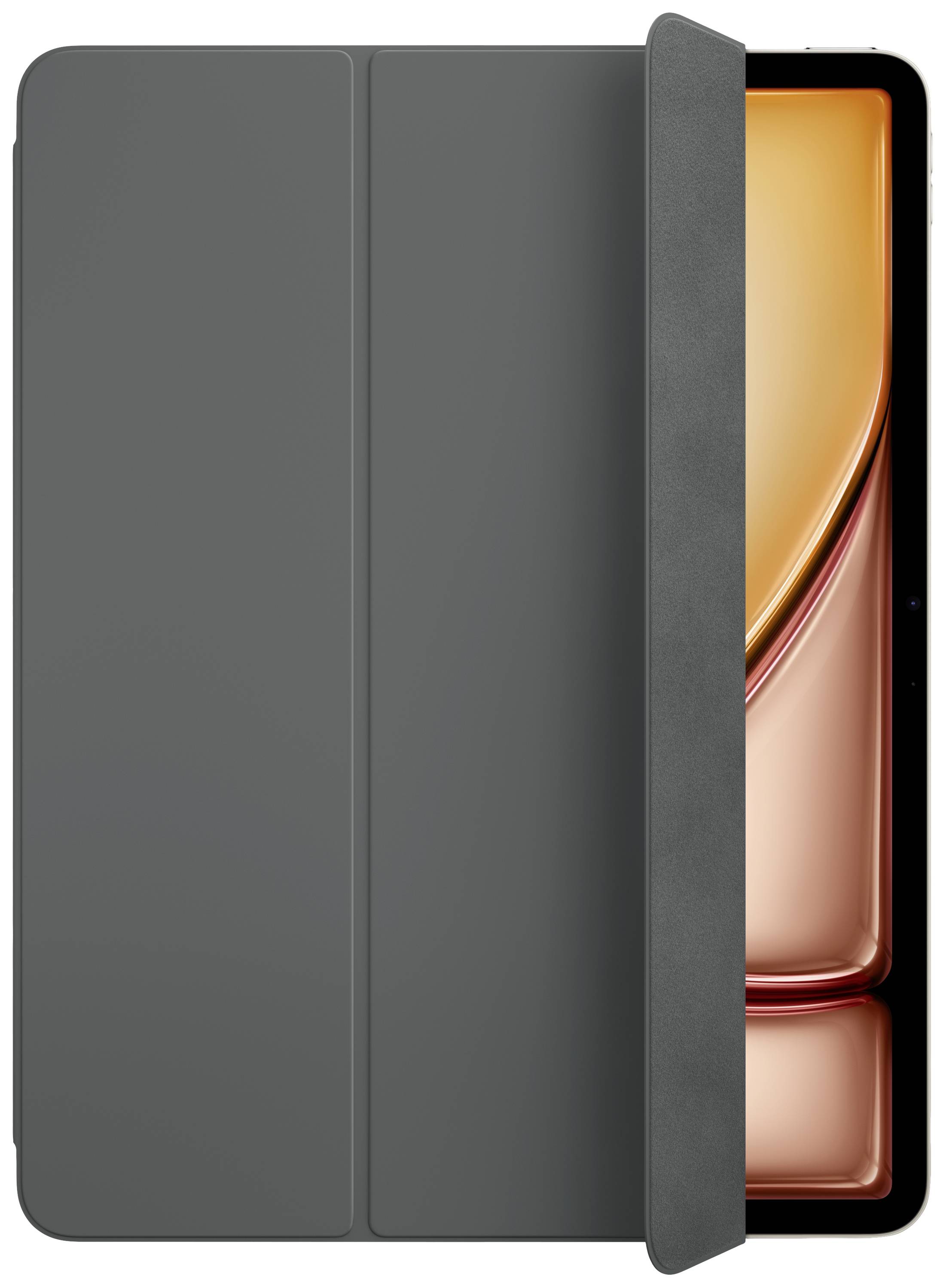 A tablet with a partially open grey folding case. The display shows an orange screen content.