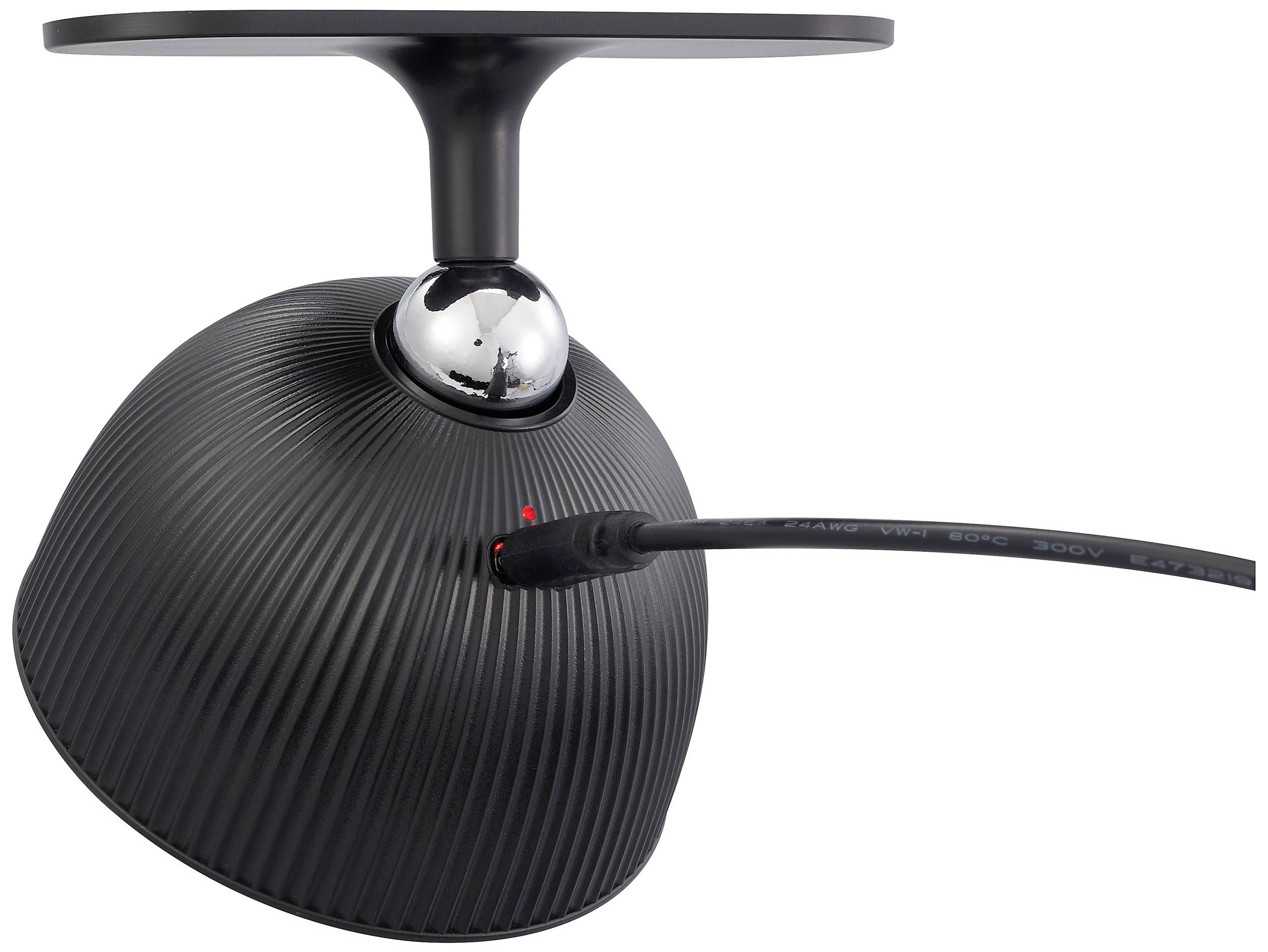 A black, ribbed ceiling mount with an inserted cable.