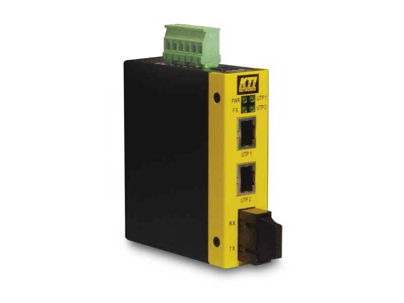 A black and yellow Ethernet network device with two RJ45 ports and a fibre optic connection at the top.