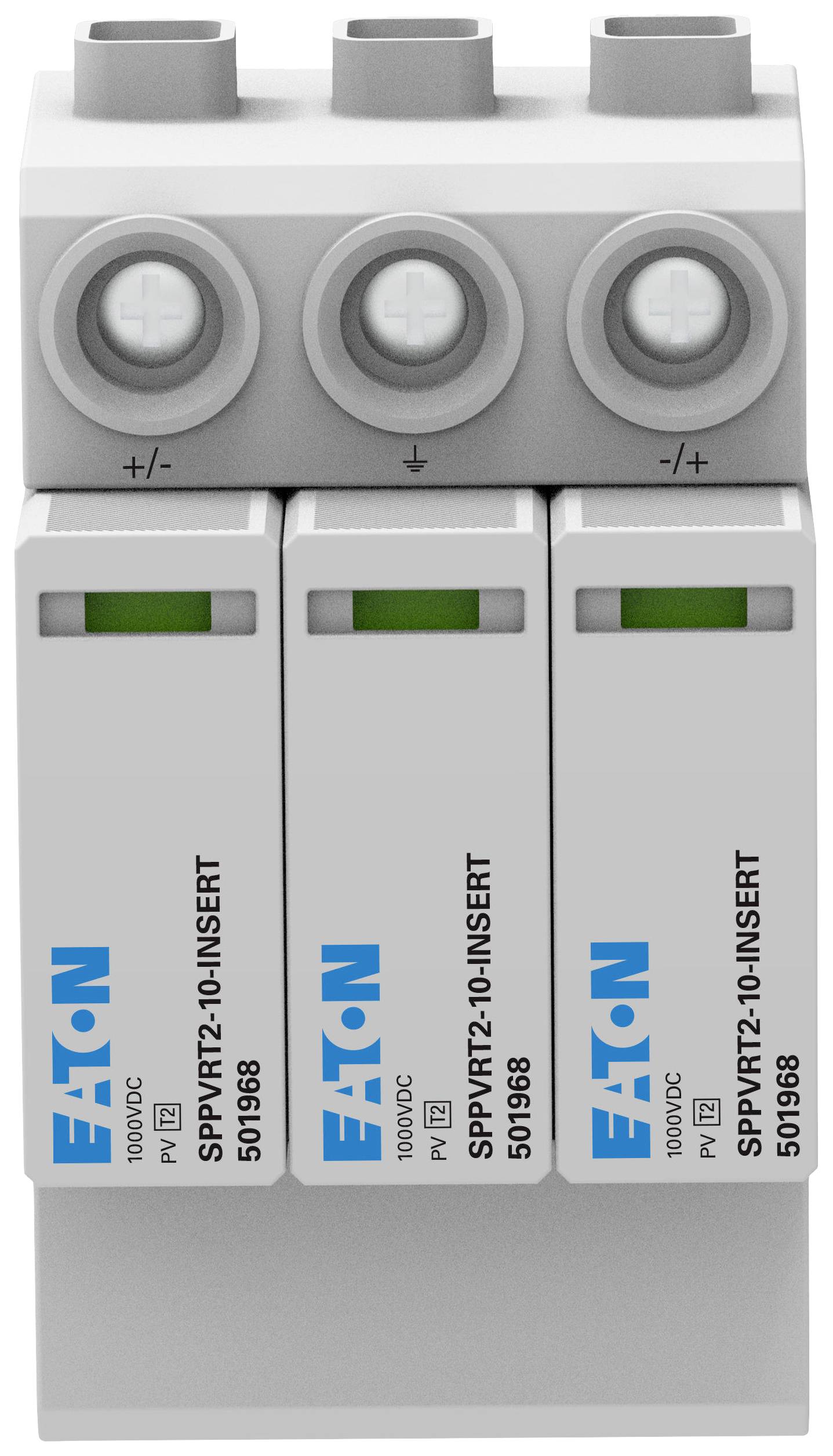 A three-phase surge protection device by Eaton with three modules, labelled 'SPPVT2-10-INSERT', with a green indicator on top.