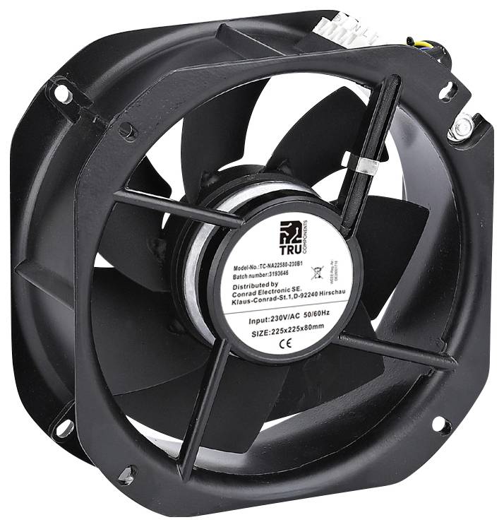 Black axial fan with five blades, with matching label: 'TRU Model: TR-AXP288 300H', used for cooling applications.