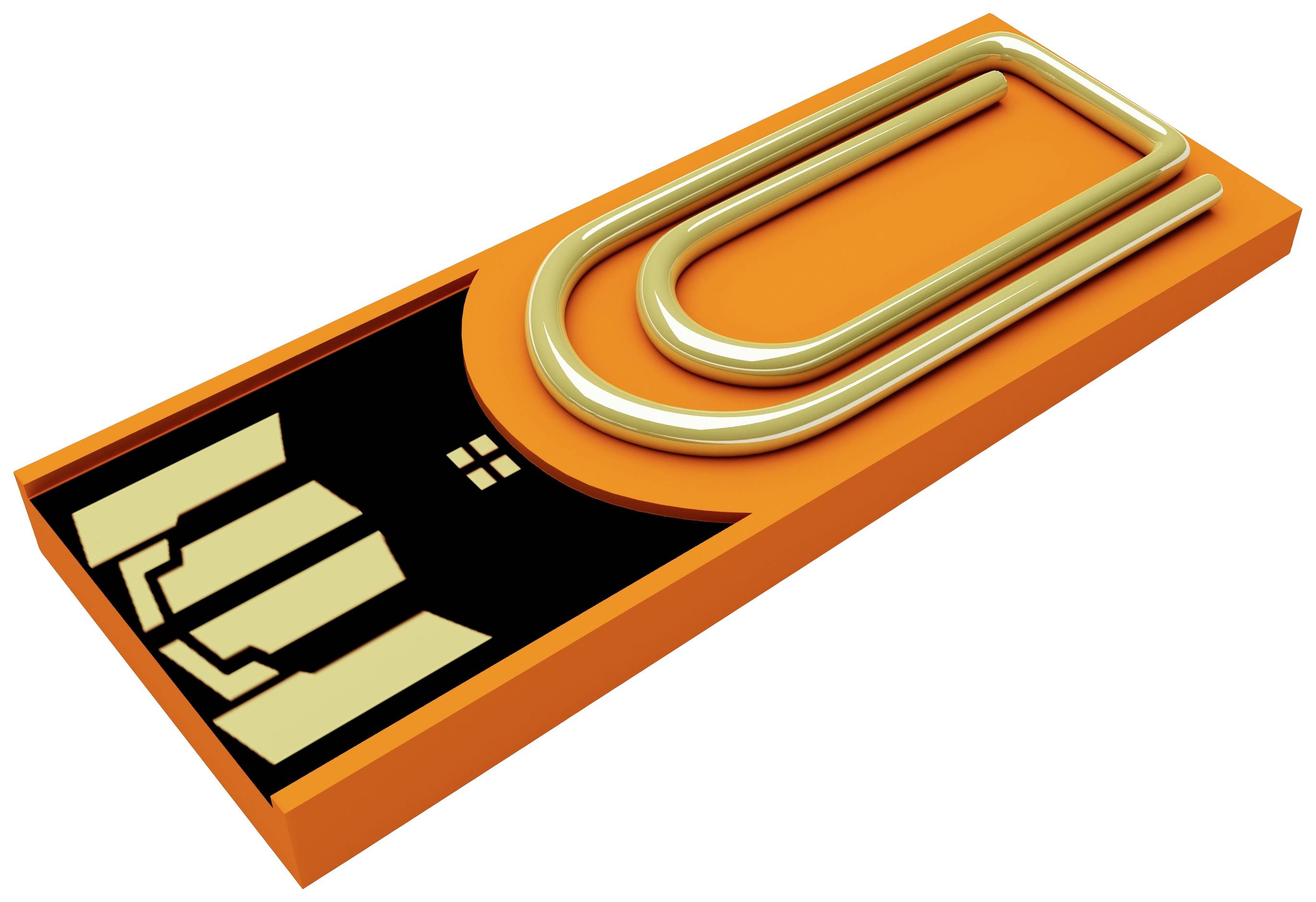 Orange USB stick with a golden paperclip design on top.