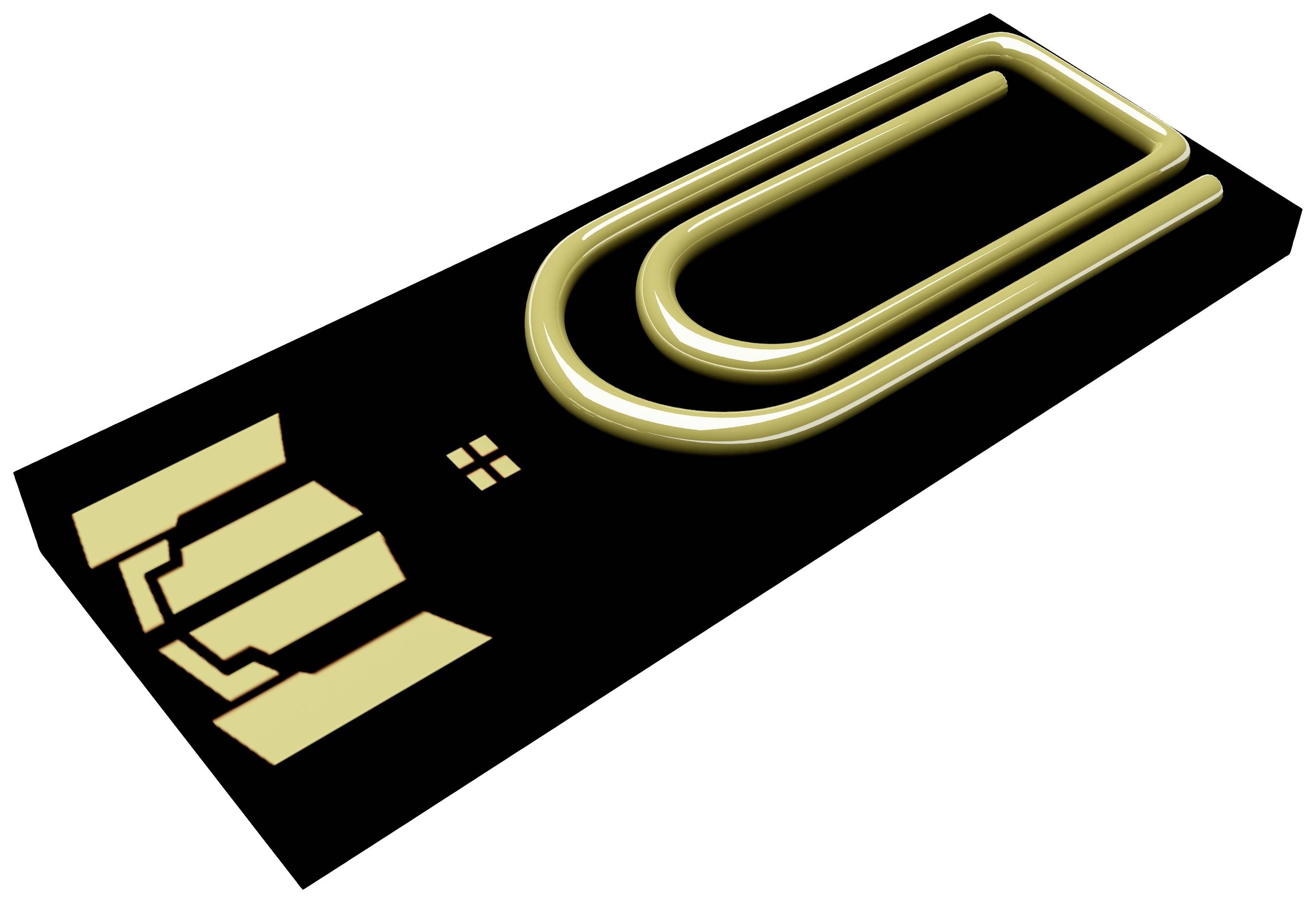USB device in a plug-like shape with a paperclip symbol printed on it, symbolising digital storage or file transfer.
