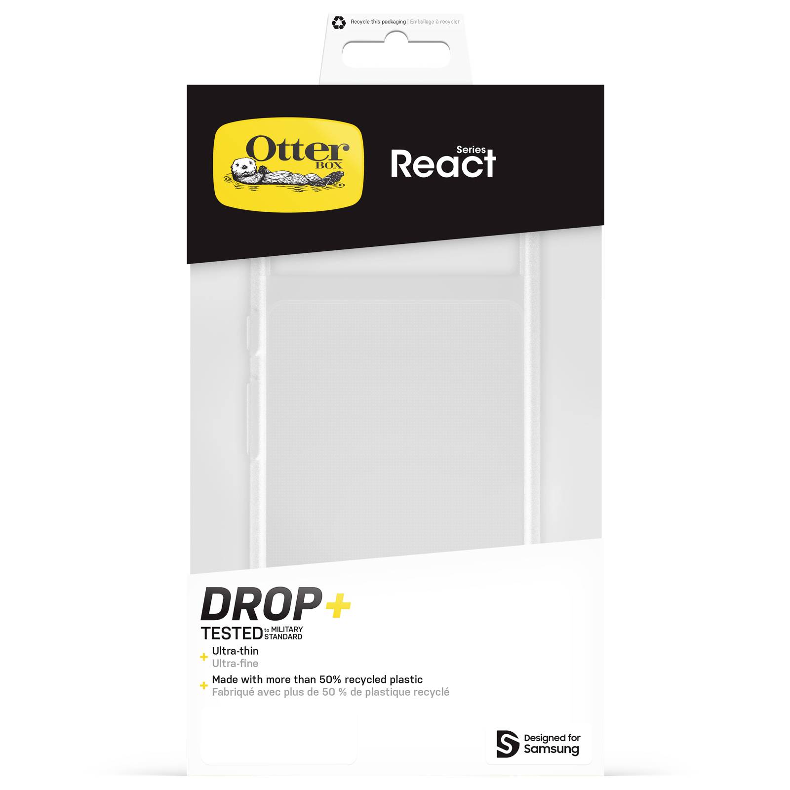 Packaging for an OtterBox React mobile phone case, compatible with Samsung. Manufactured from over 50% recycled plastic, ultra-thin.