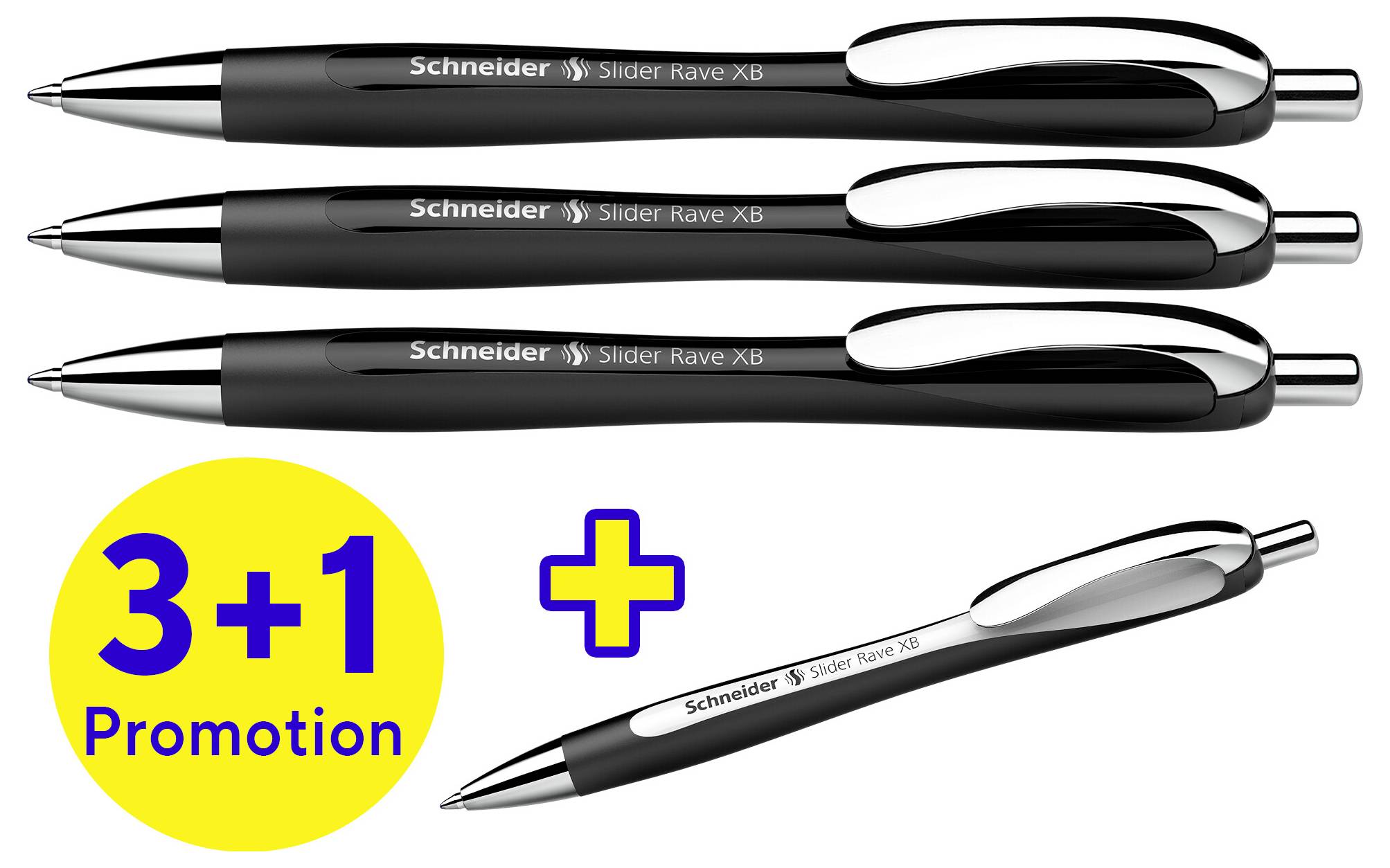 Four black ballpoint pens 'Schneider Slider Rave XB'. Text: '3+1 Promotion'.