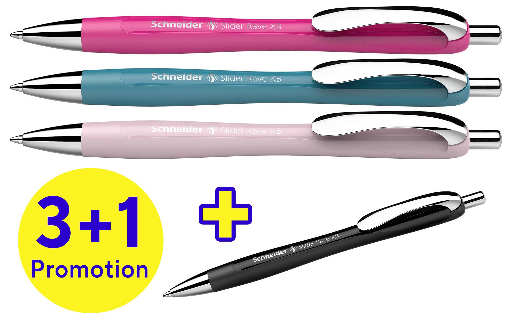 Three colourful ballpoint pens (pink, turquoise, rose) side by side; a black one underneath. Text shows '3+1 Promotion' in a yellow circle.