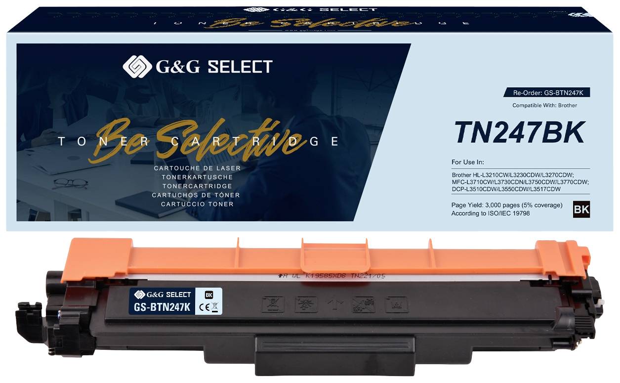 TN247BK toner cartridge from G&G Select, compatible with Brother, Black. Suitable for printer models in the HL-L3210/3230 series.