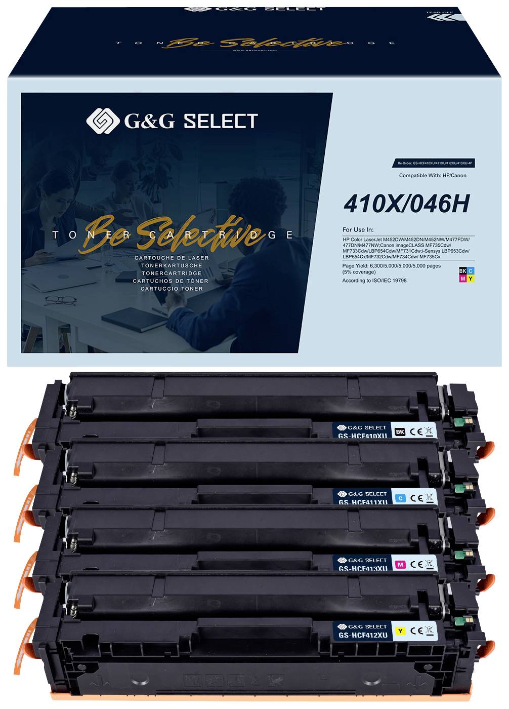 Printer Toner Cartridge Set 'G&G Select' for HP Printer, Model 410X/046H. Includes Black, Cyan, Magenta and Yellow Cartridges.