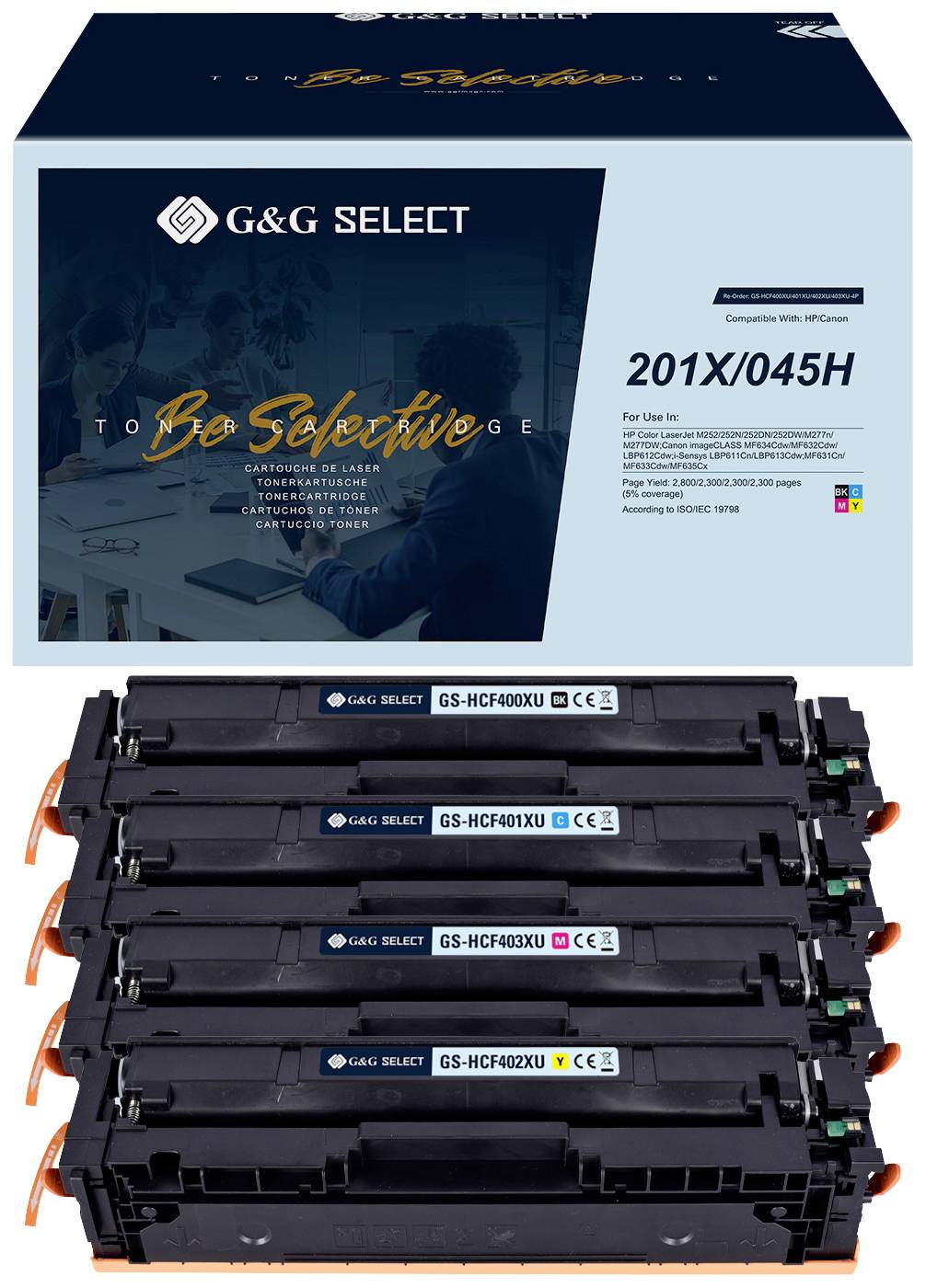 Toner Cartridge Pack for Printer 201X/045H; contains four black cartridges; suitable for HP Laser Printers; packaged in a box.