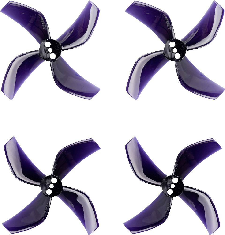 Four violet plastic propellers, each with four blades and a central hole pattern, symmetrically arranged.