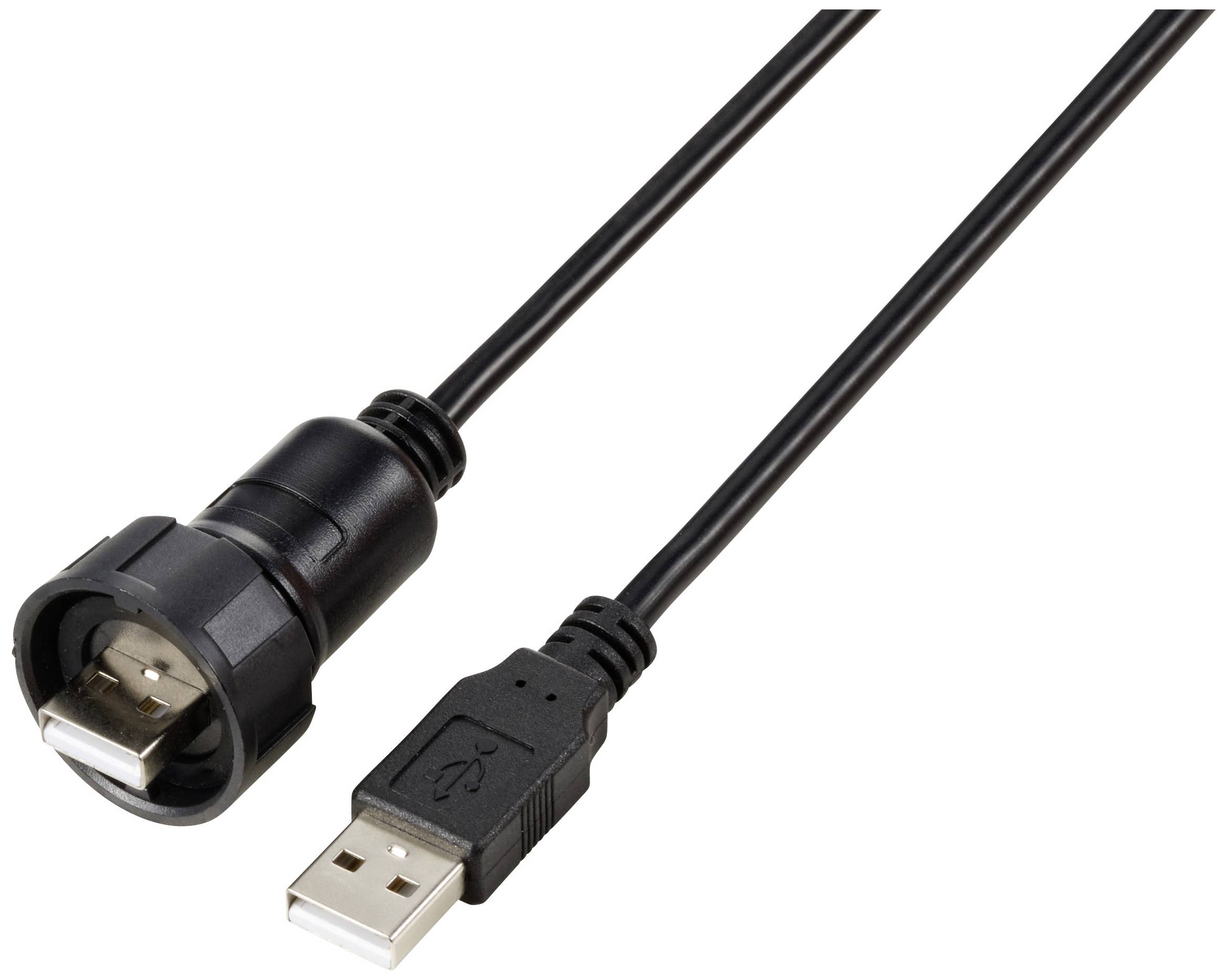 A USB cable with a waterproof connector on the left and a standard USB plug on the right. Suitable for robust connections.